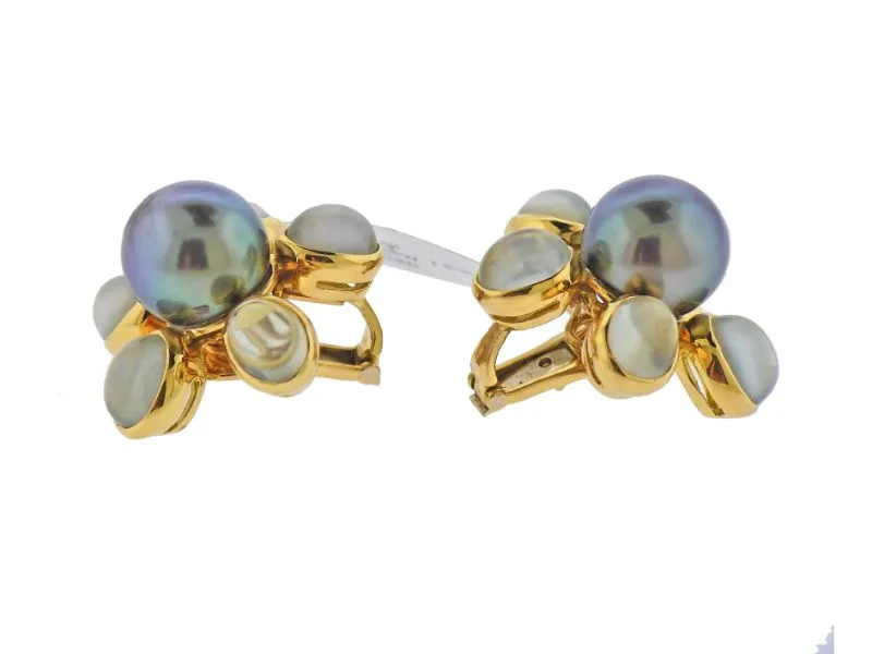 Assael Tahitian South Sea Pearl Moonstone Gold Flower Earrings