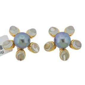 Assael Tahitian South Sea Pearl Moonstone Gold Flower Earrings