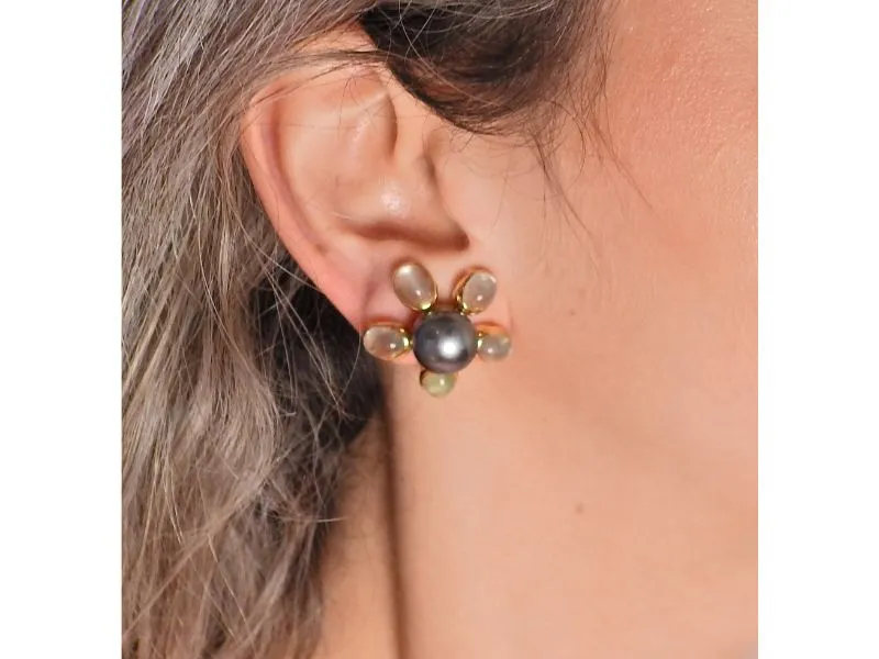 Assael Tahitian South Sea Pearl Moonstone Gold Flower Earrings