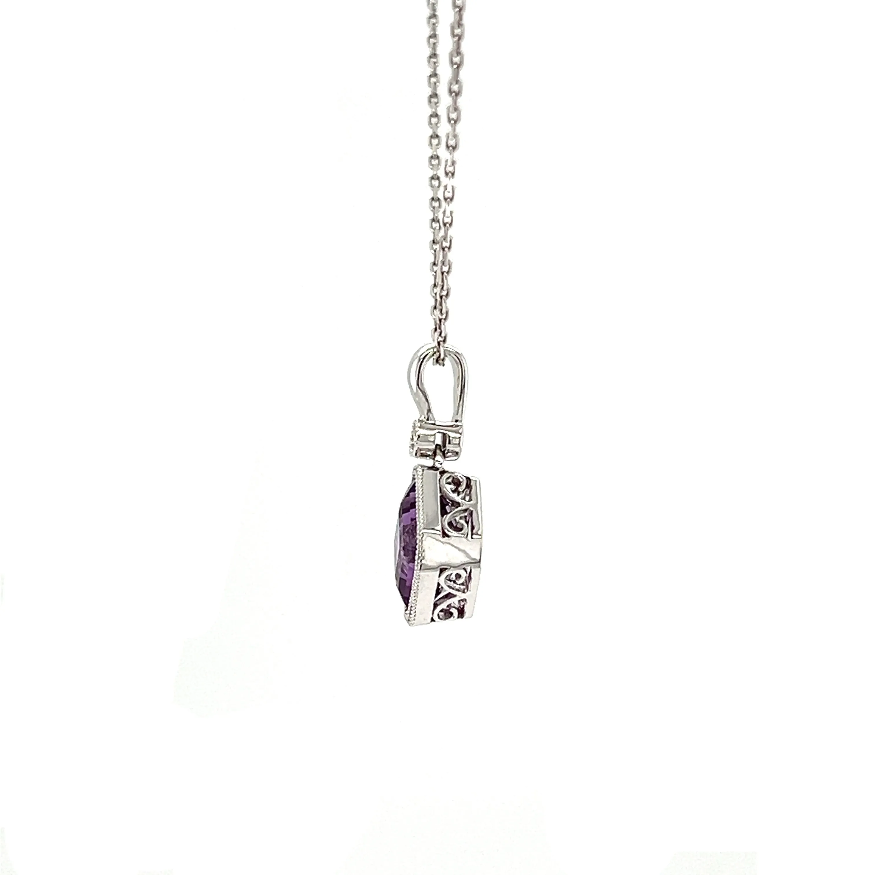 Asscher Amethyst Pendant with One Diamond in 14K White Gold