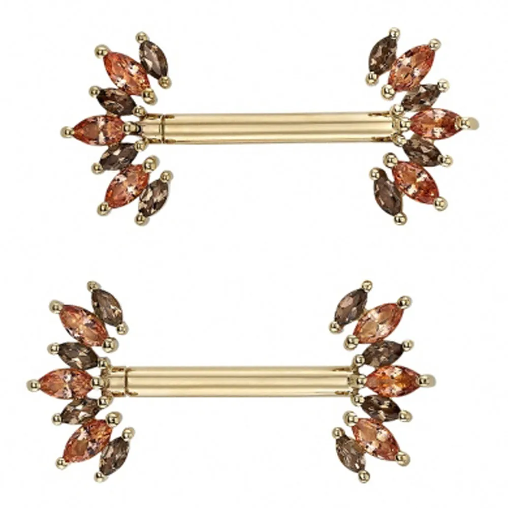 Athena Forward Facing Nipple Barbells in Gold with Smoky Quartz & Peach Topaz'