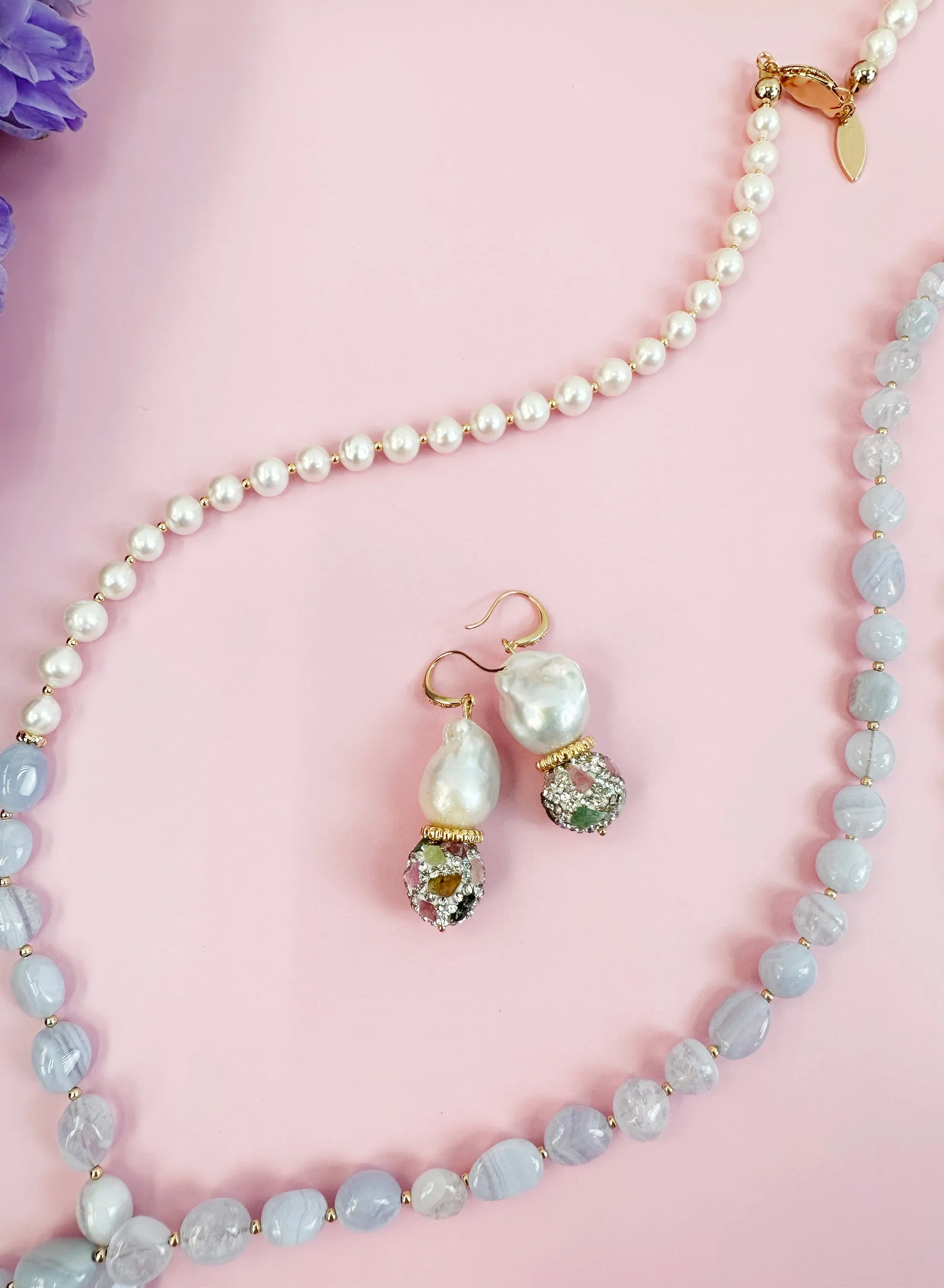 Baroque Pearl with Tourmaline Rhinestone Earrings JE026