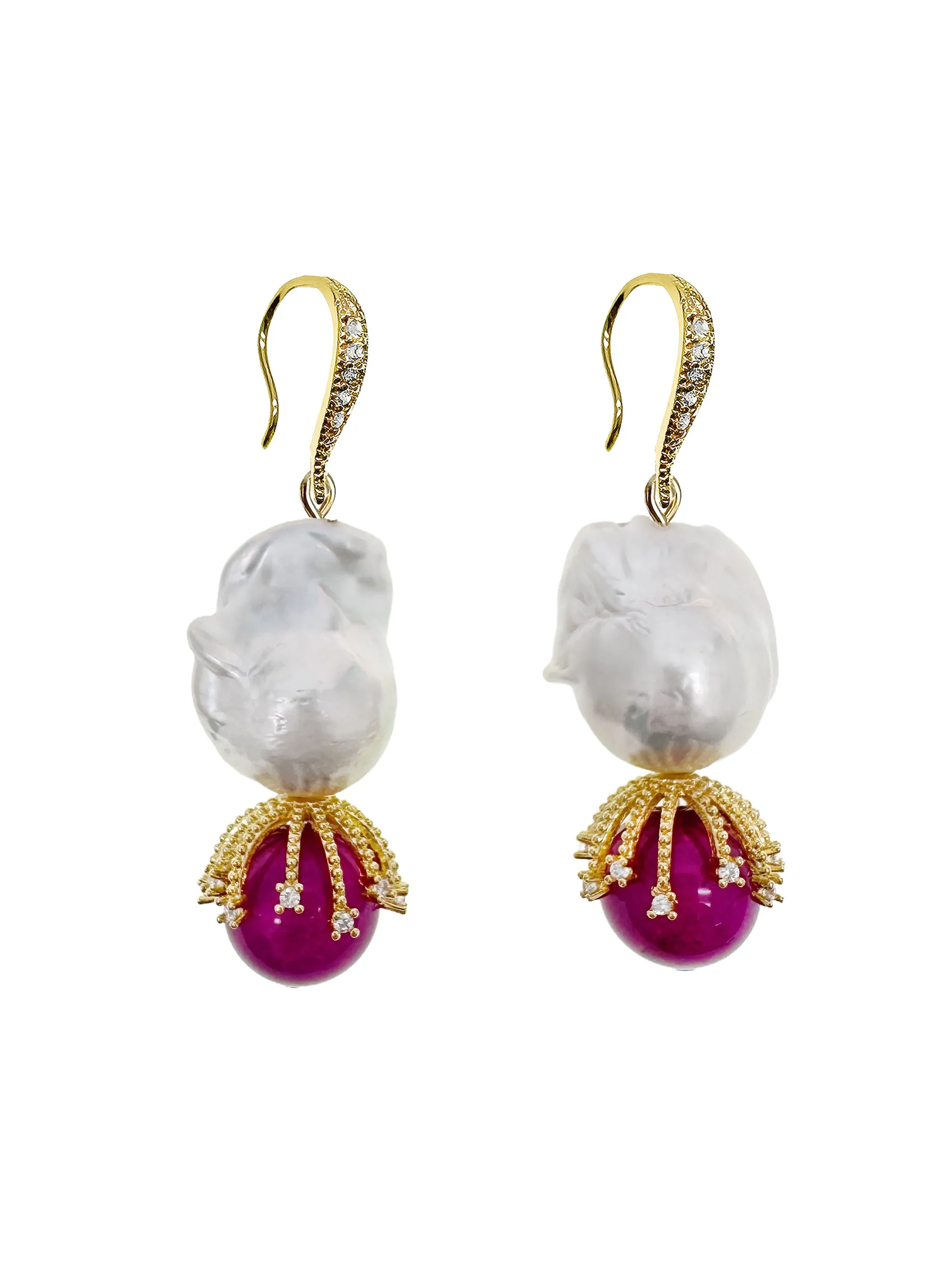 Baroque Pearls and Magenta Gemstone Earrings LE009