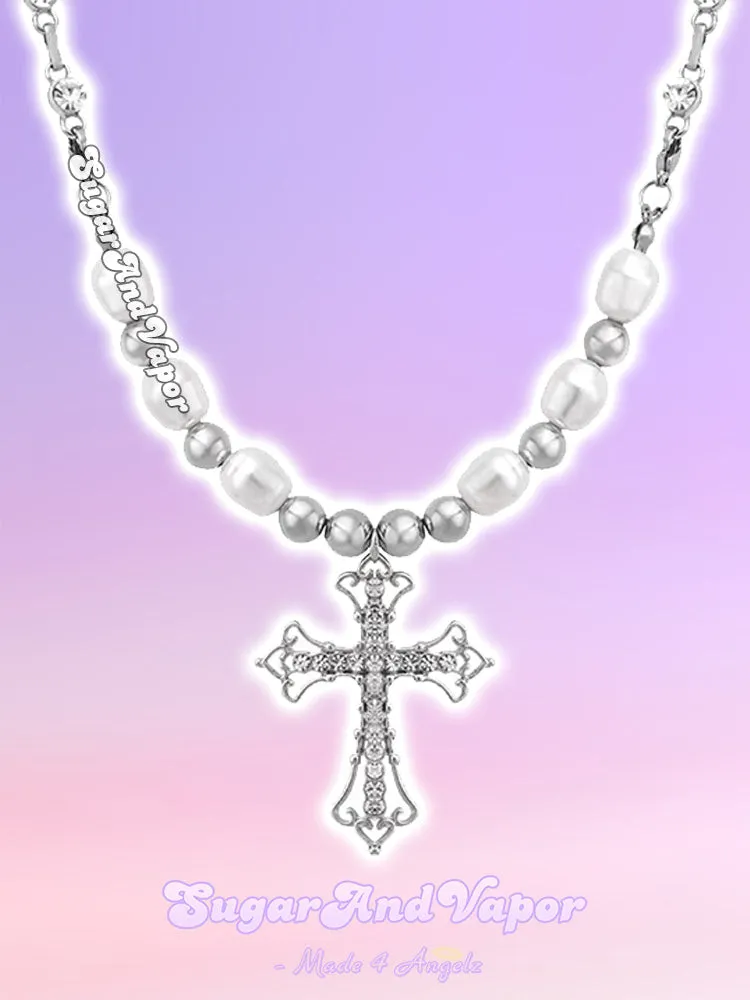 Bling Baroque Cross Pearls Choker