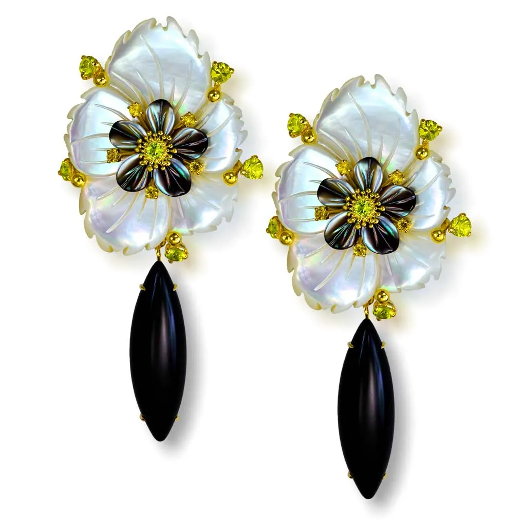 Blossom Convertible Earrings with Carved Mother Of Pearl & Onyx