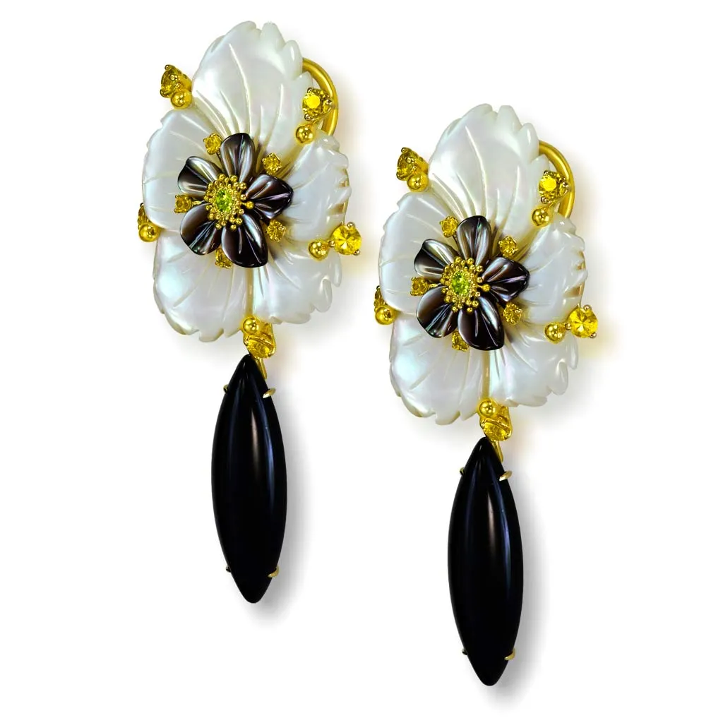 Blossom Convertible Earrings with Carved Mother Of Pearl & Onyx