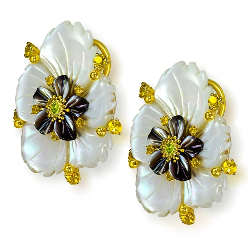 Blossom Convertible Earrings with Carved Mother Of Pearl & Onyx