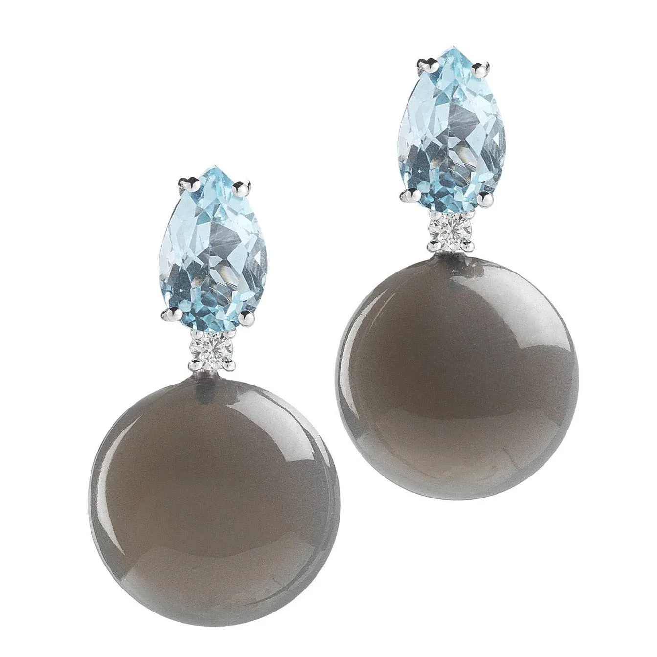 Bonbon - Drop Earrings with Blue Topaz, Grey Moonstone and Diamonds, 18k White Gold