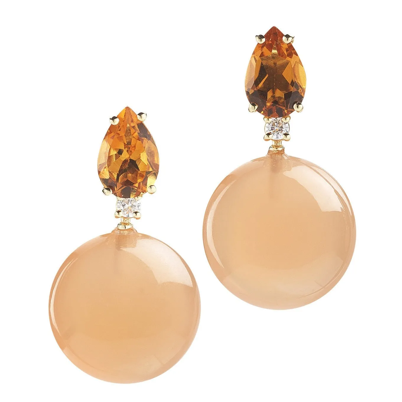 Bonbon - Drop Earrings with Madera Citrine, Peach Moonstone and Diamonds, 18k Yellow Gold