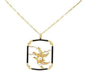 Carrera Y Carrera 1.00 CTW Diamond Onyx Pearl 18 Karat Two-Tone Gold Goose Pendant Necklace