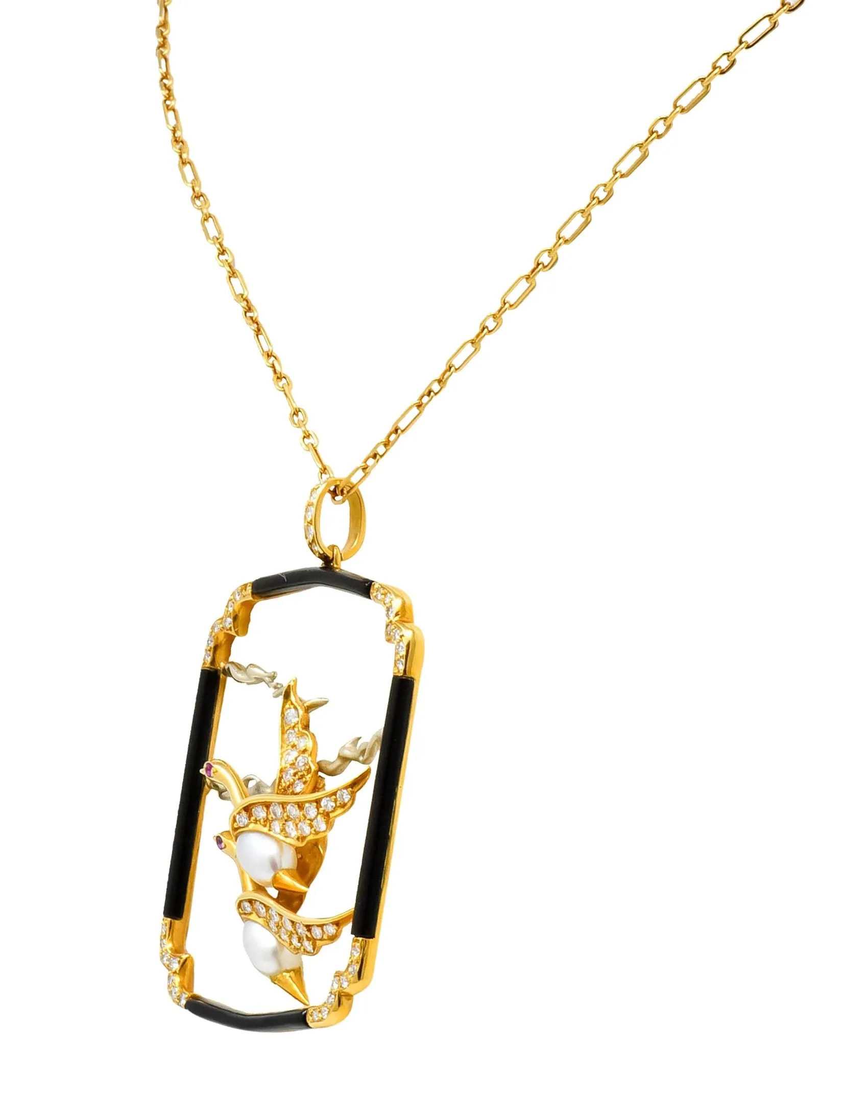 Carrera Y Carrera 1.00 CTW Diamond Onyx Pearl 18 Karat Two-Tone Gold Goose Pendant Necklace