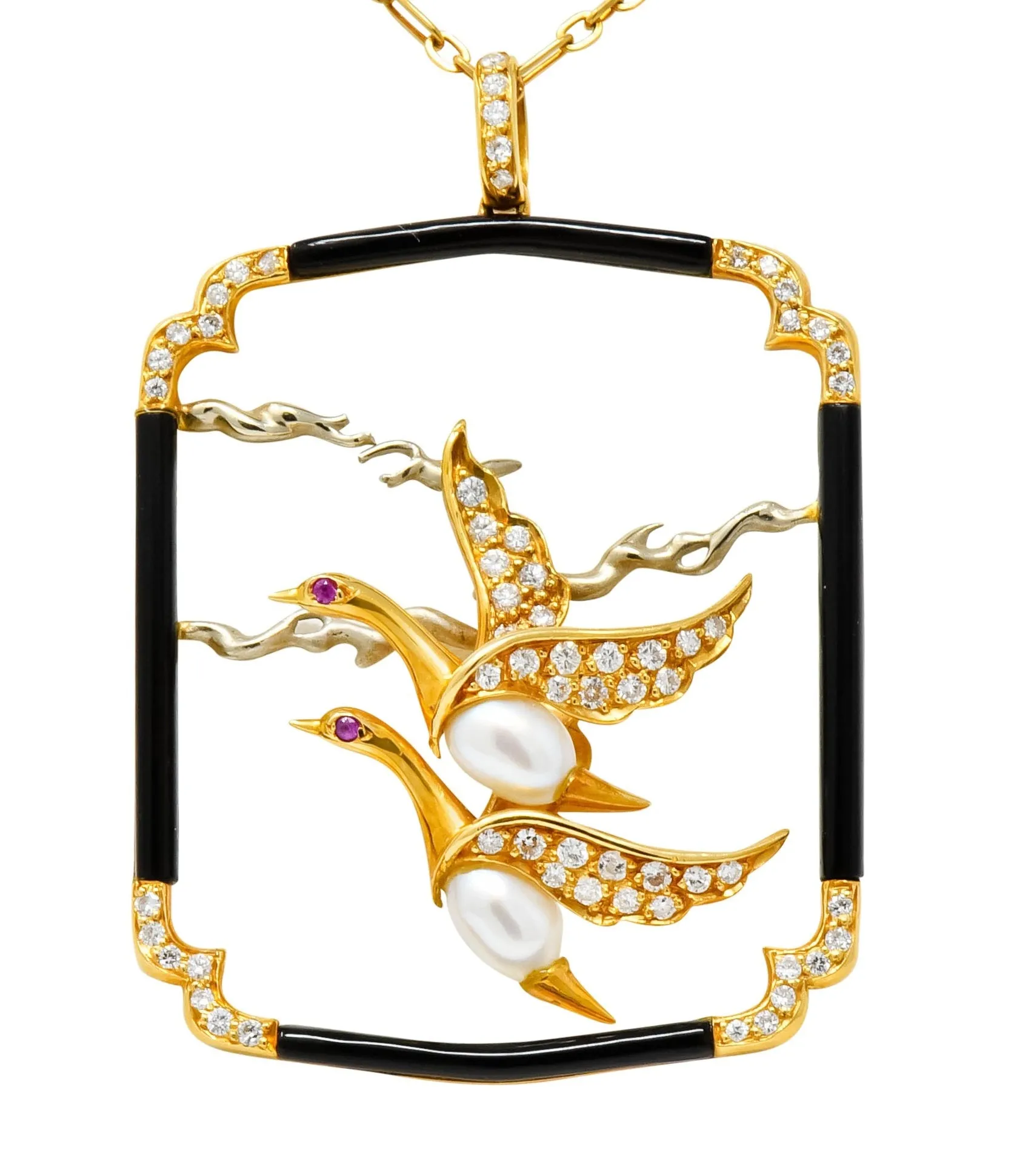 Carrera Y Carrera 1.00 CTW Diamond Onyx Pearl 18 Karat Two-Tone Gold Goose Pendant Necklace