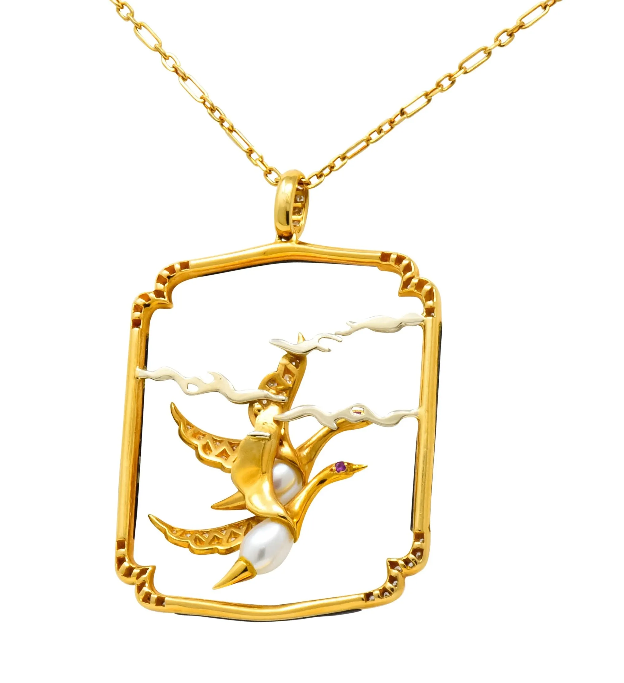 Carrera Y Carrera 1.00 CTW Diamond Onyx Pearl 18 Karat Two-Tone Gold Goose Pendant Necklace