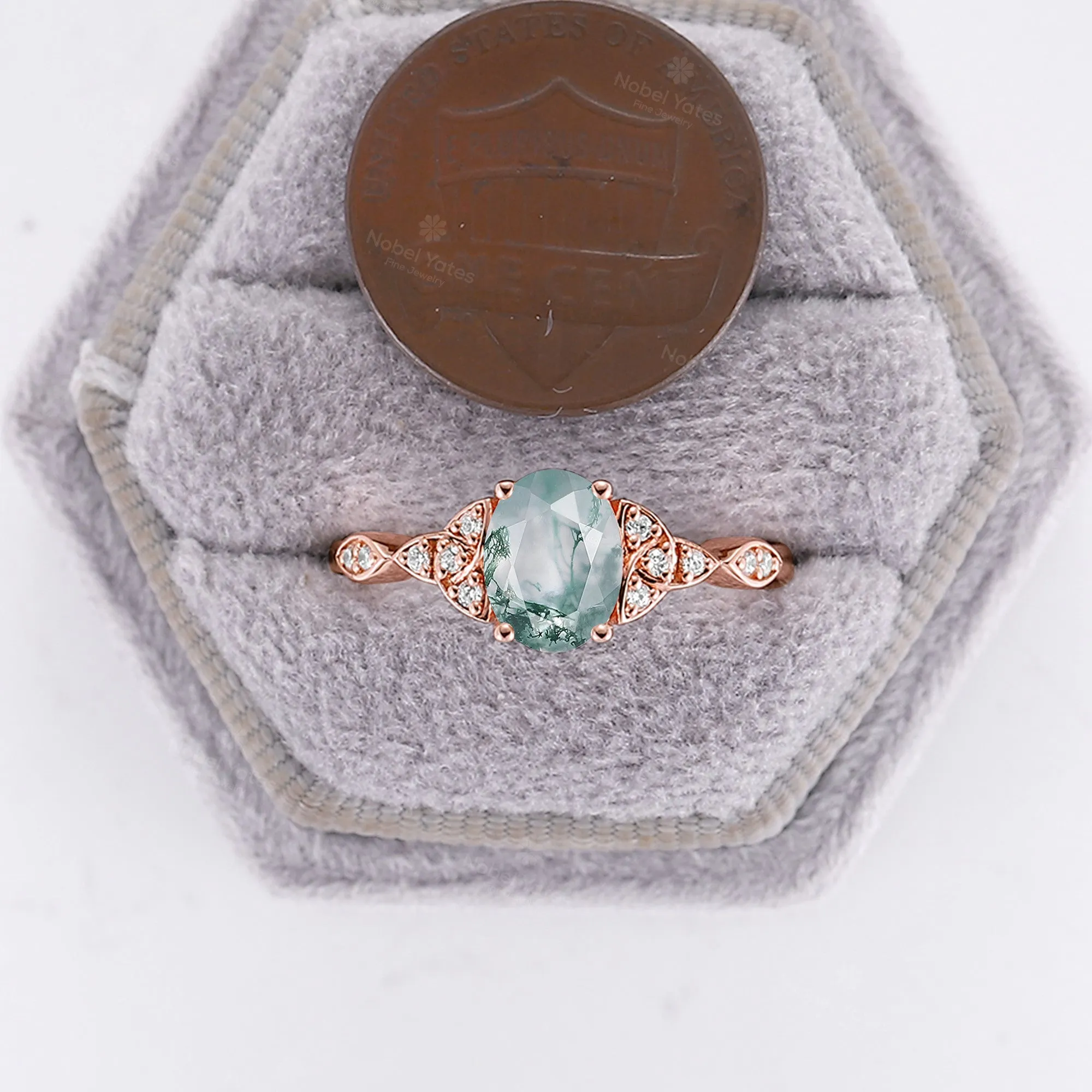 Celtic Style Moss Agate Engagement Ring Oval Shape Rose Gold Band