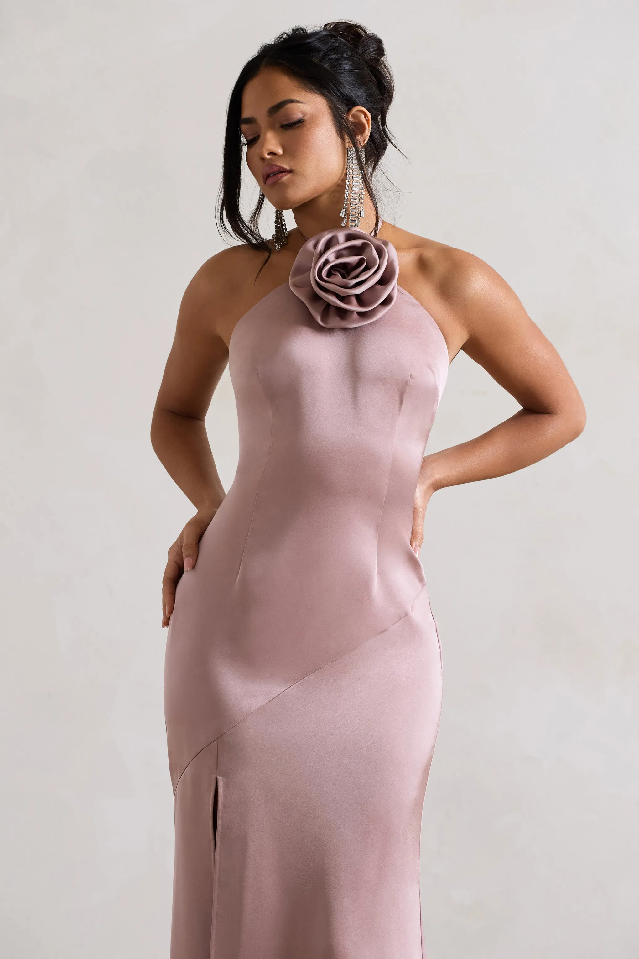 Cesca | Blush Pink Satin Halter-Neck Maxi Dress With Flower Corsage