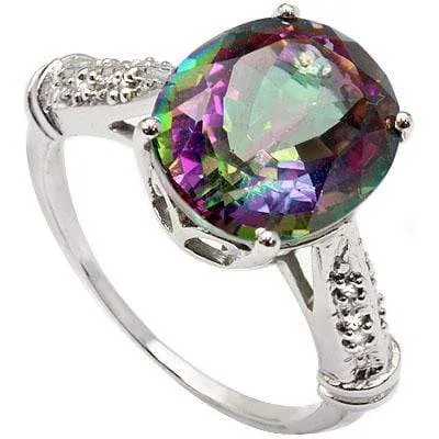 CLASSIC 4.58 CT MYSTIC GEMSTONE & 8 PCS WHITE DIAMOND 10K SOLID WHITE GOLD RING