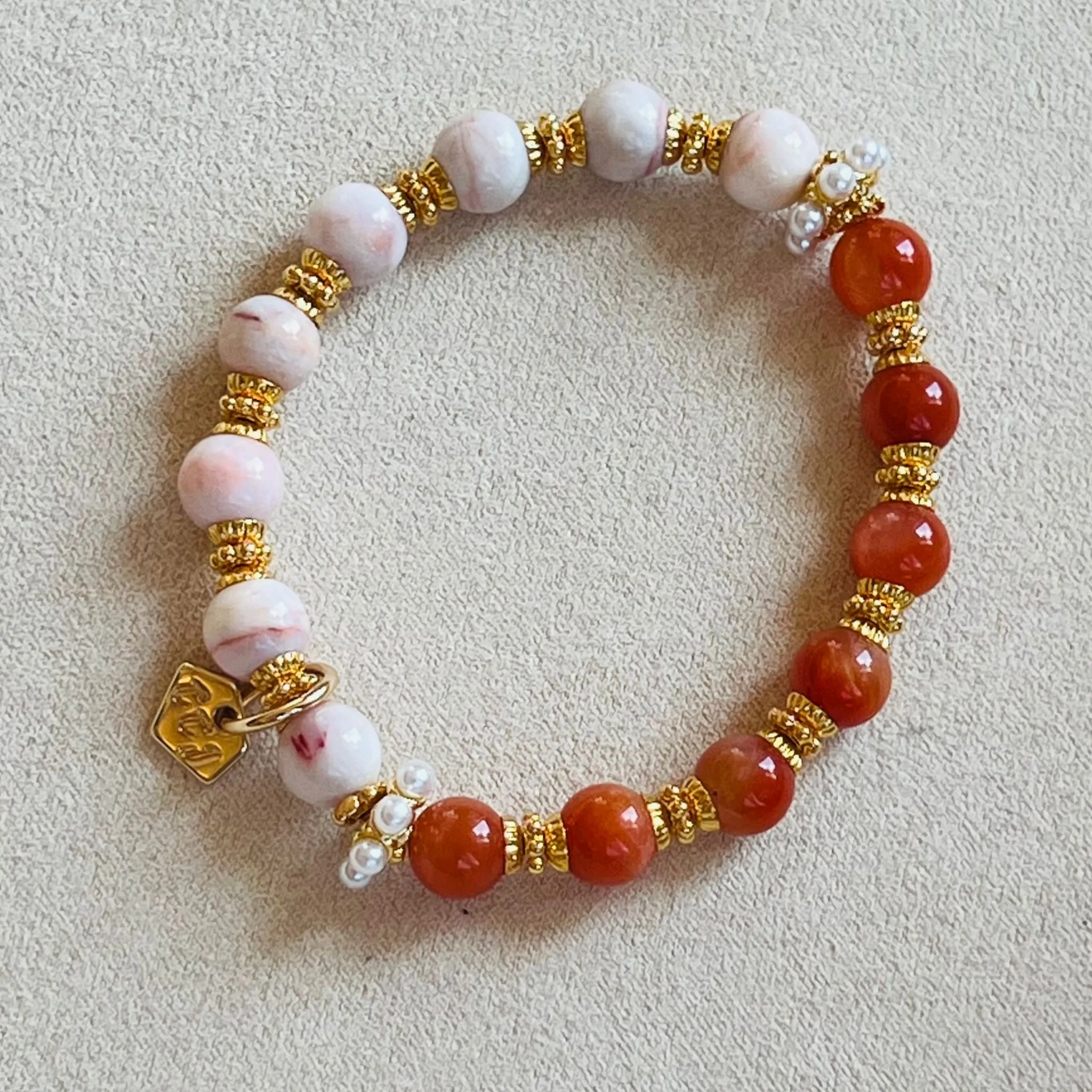 Coral Red Agate & Cinnabar In Quartz Bracelet