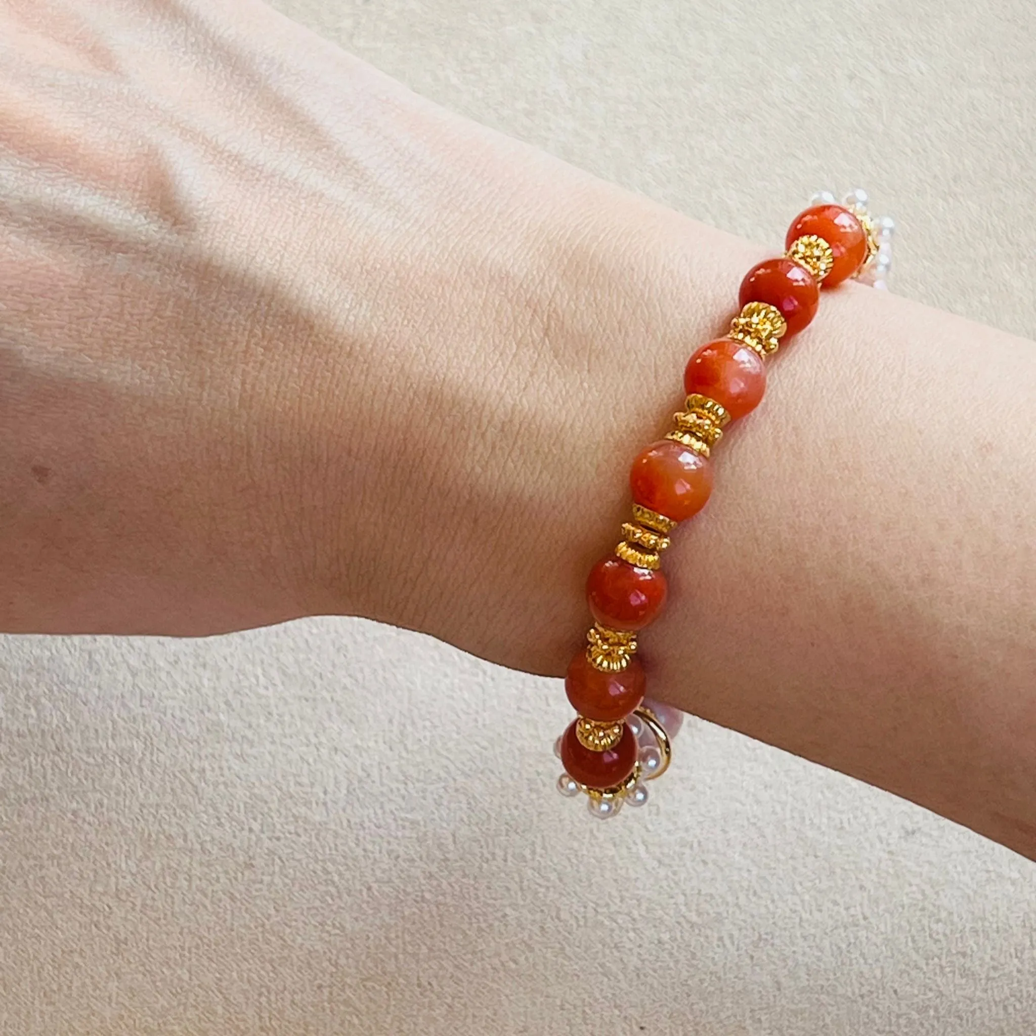 Coral Red Agate & Cinnabar In Quartz Bracelet