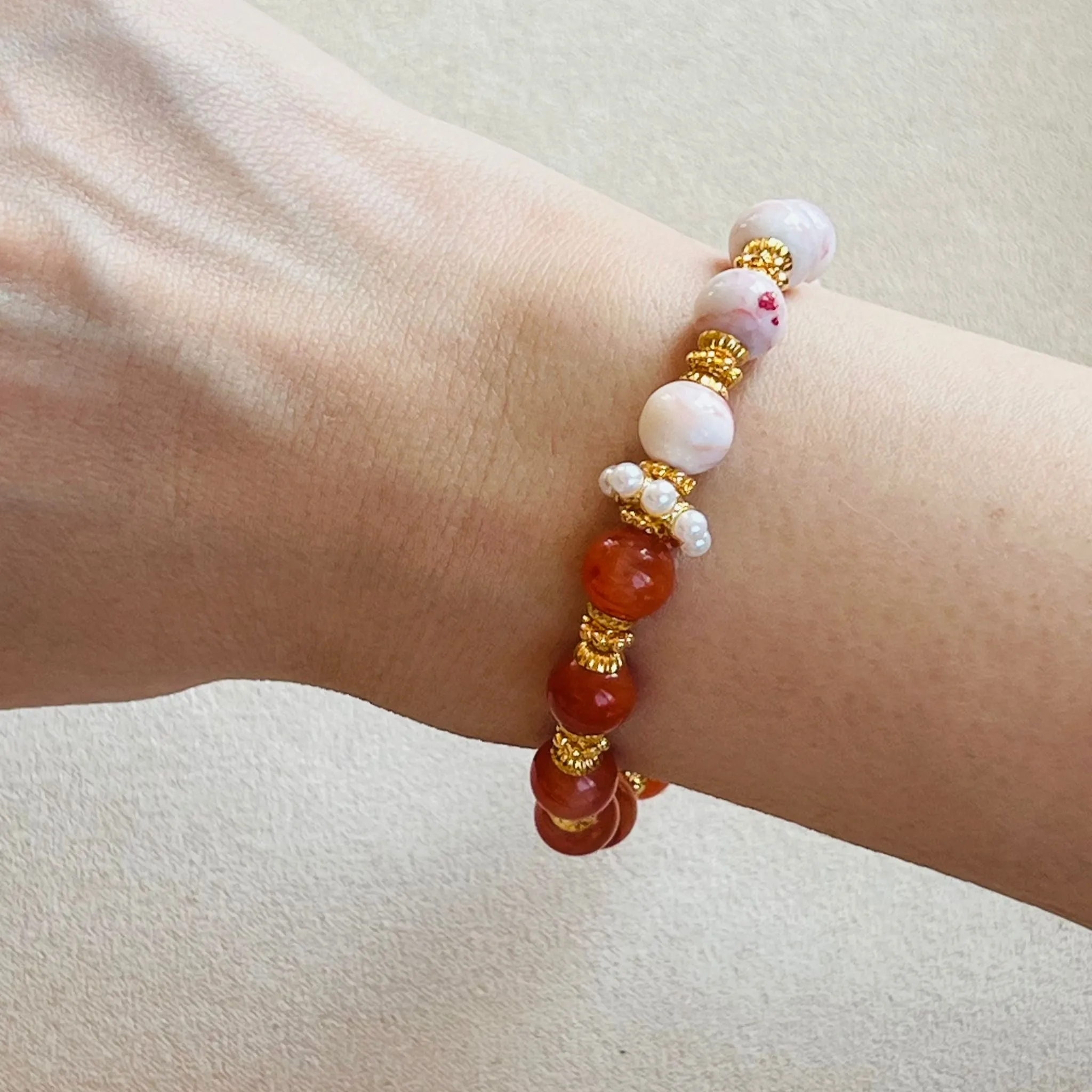 Coral Red Agate & Cinnabar In Quartz Bracelet