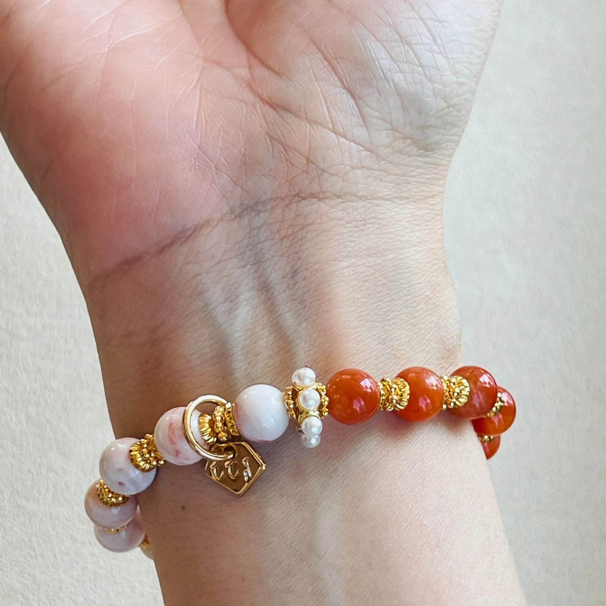 Coral Red Agate & Cinnabar In Quartz Bracelet