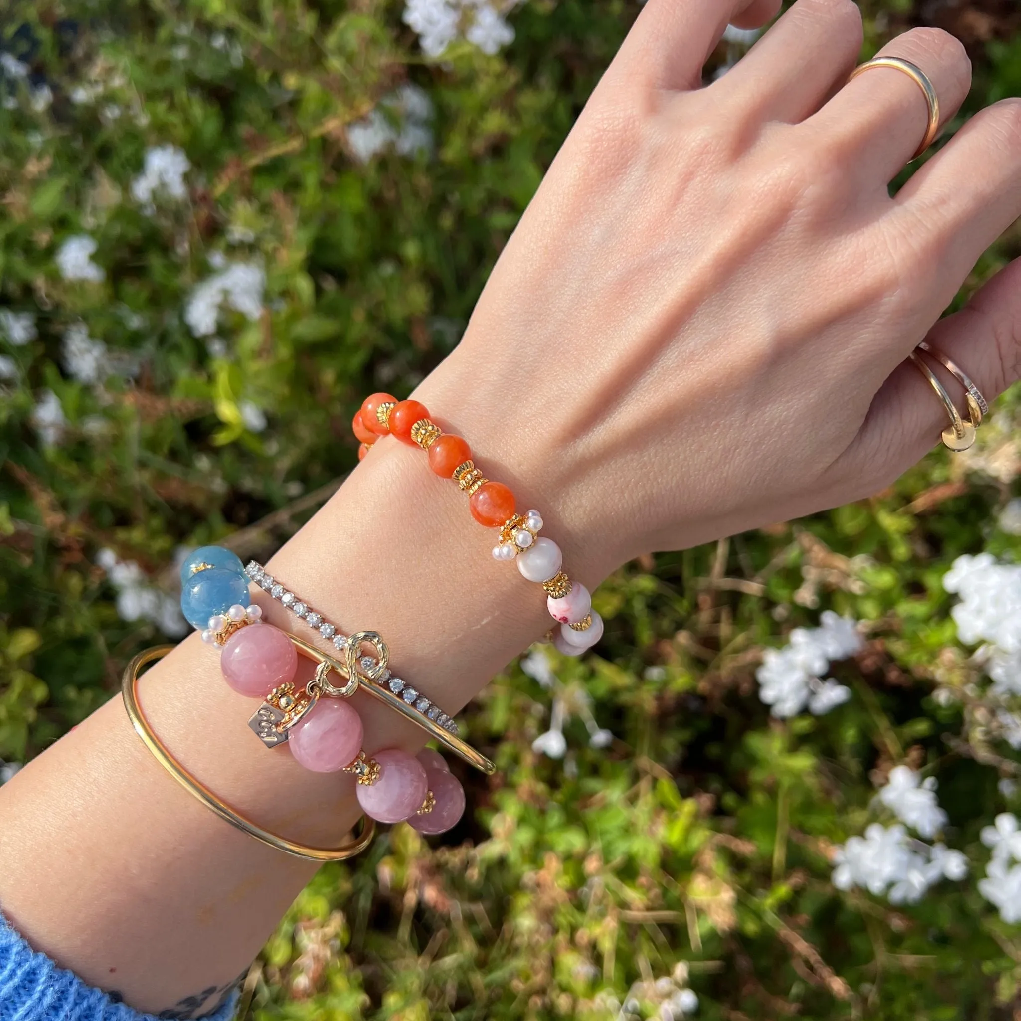 Coral Red Agate & Cinnabar In Quartz Bracelet