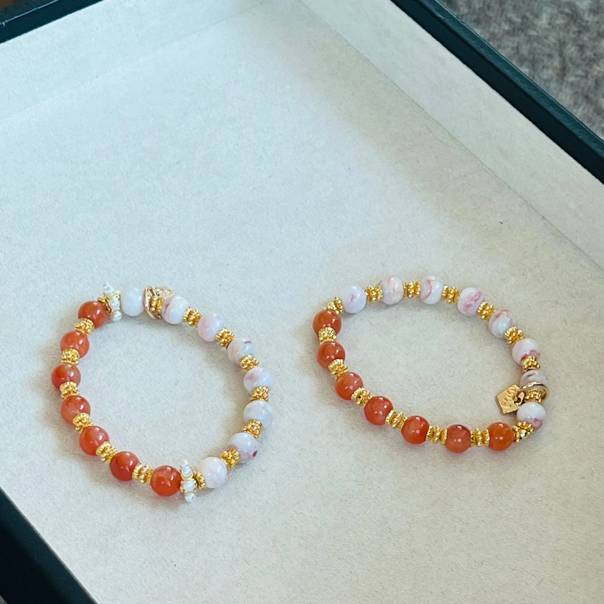 Coral Red Agate & Cinnabar In Quartz Bracelet