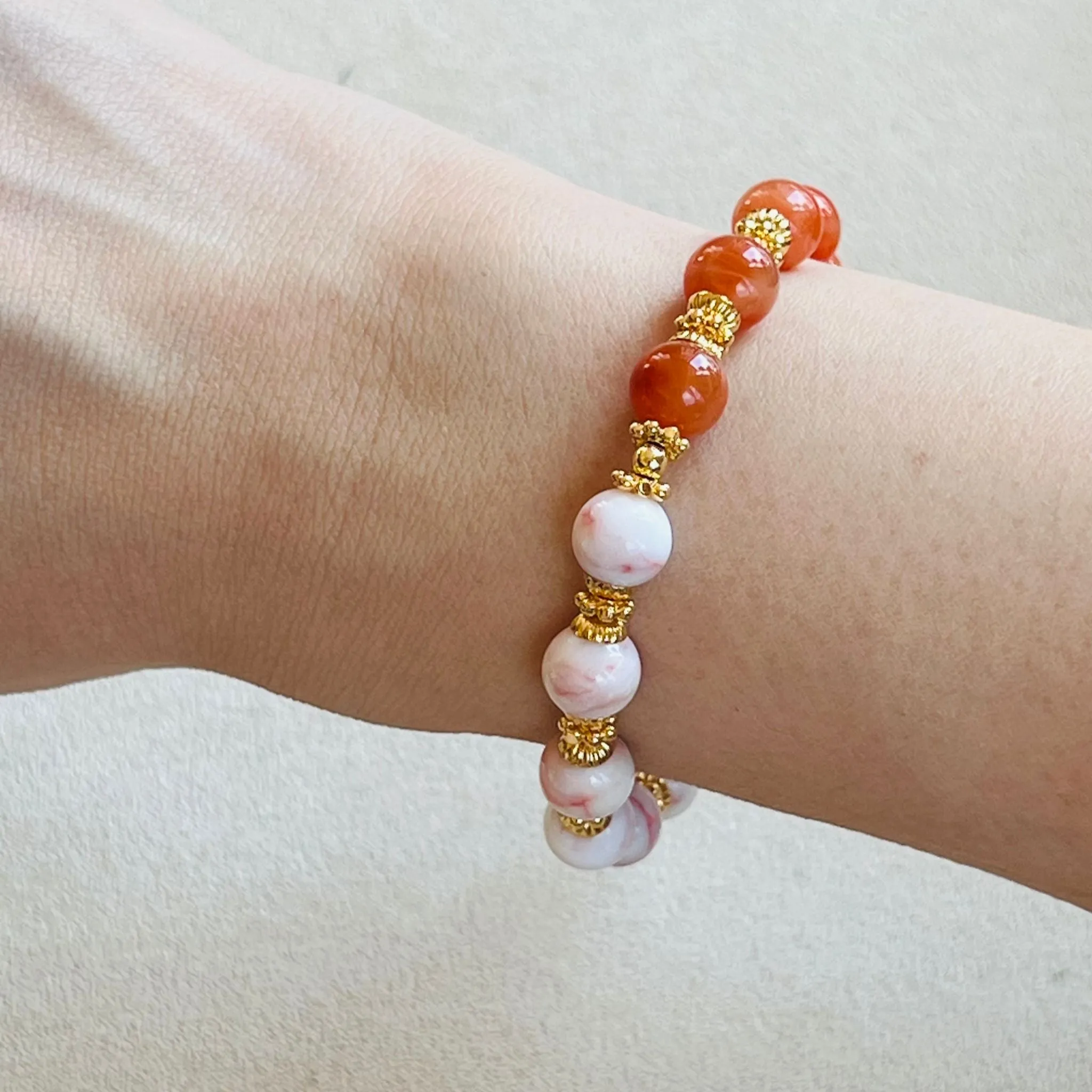 Coral Red Agate & Cinnabar In Quartz Bracelet