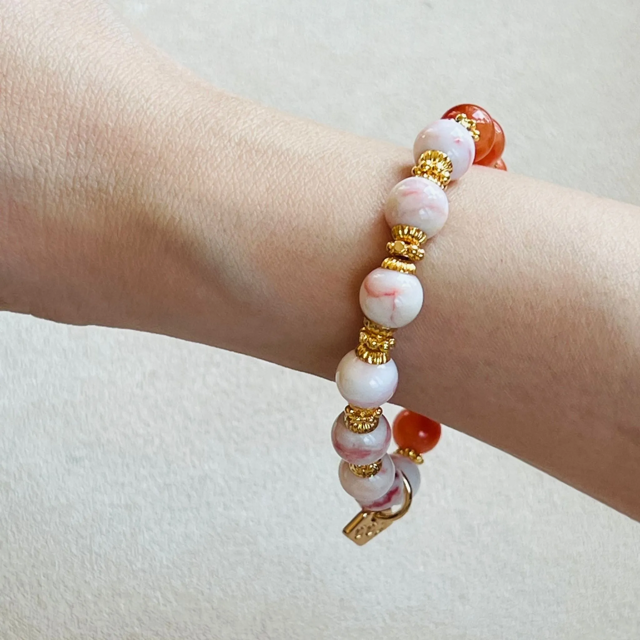 Coral Red Agate & Cinnabar In Quartz Bracelet