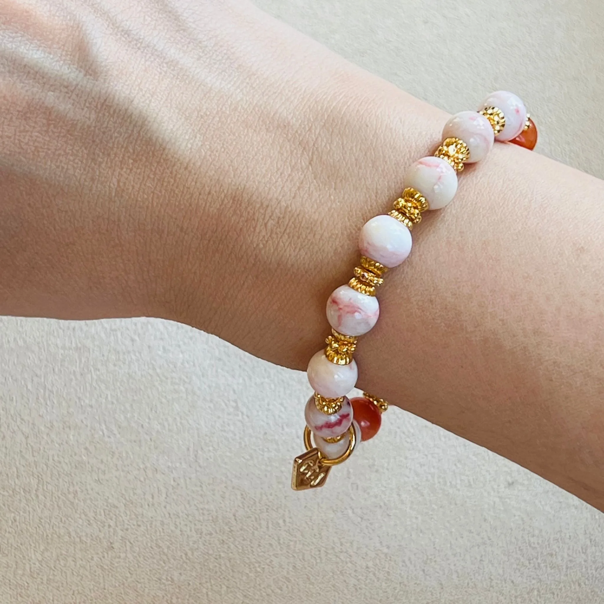 Coral Red Agate & Cinnabar In Quartz Bracelet