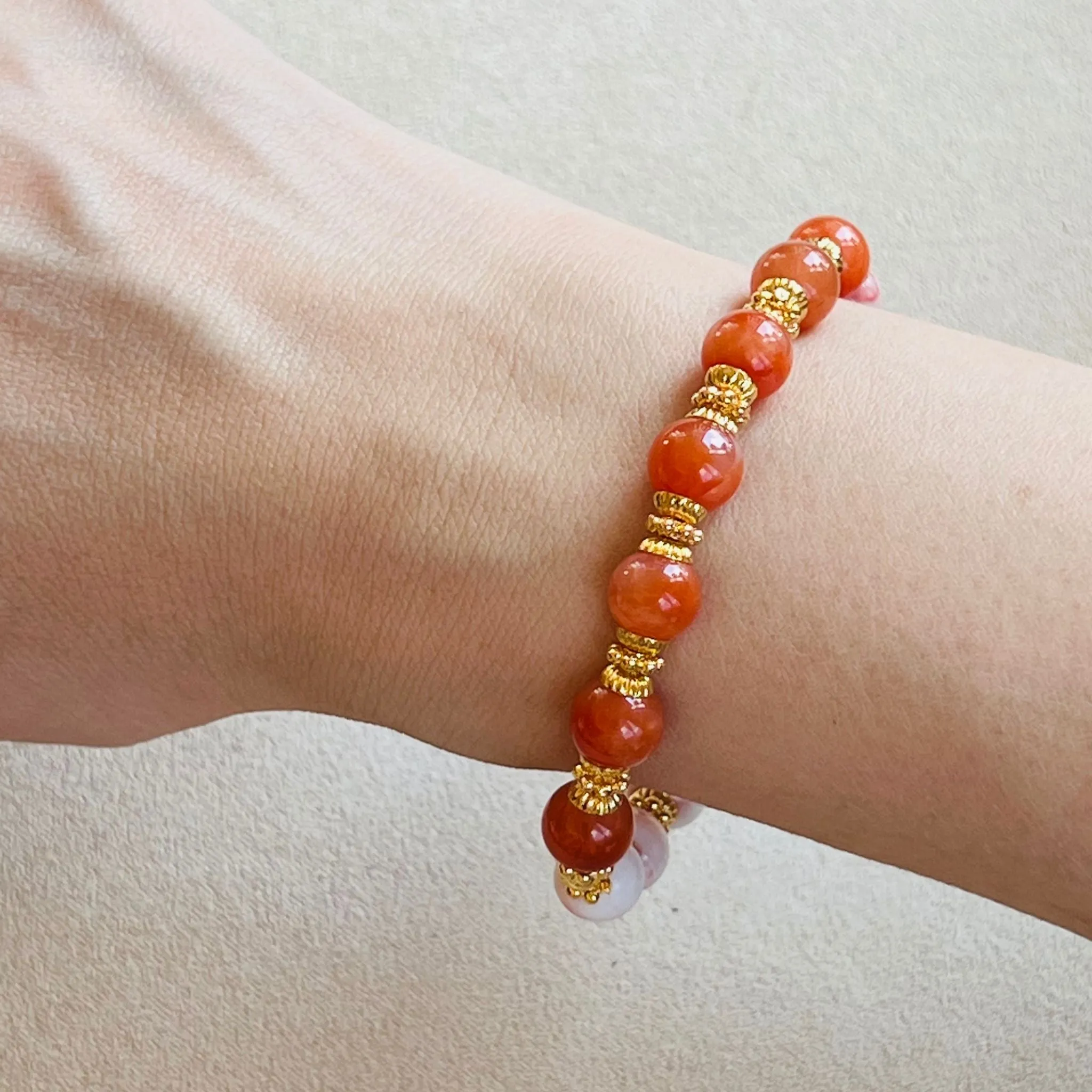 Coral Red Agate & Cinnabar In Quartz Bracelet