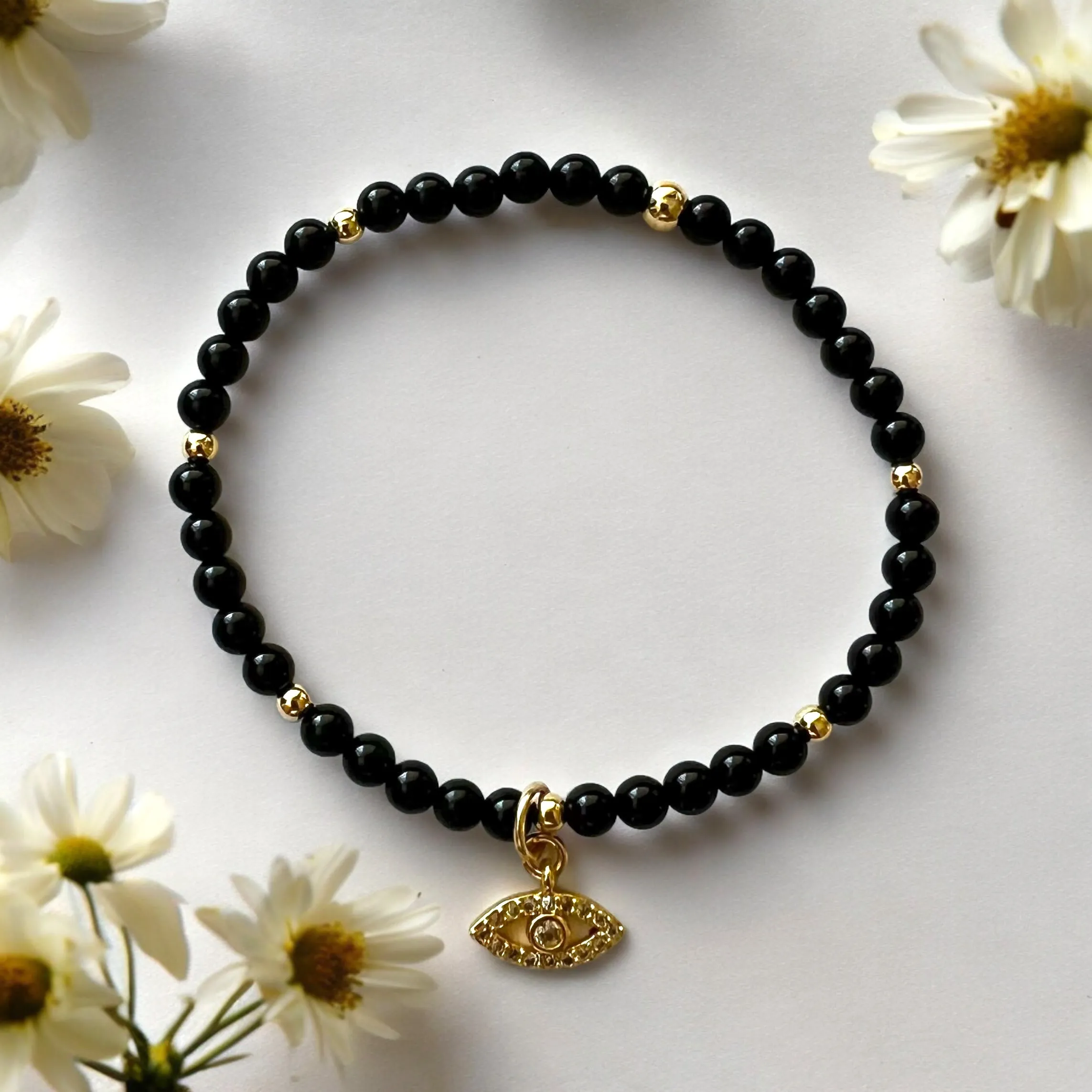 Cubic Zirconias Evil Eye Charm 4mm Onyx Stone Bracelet