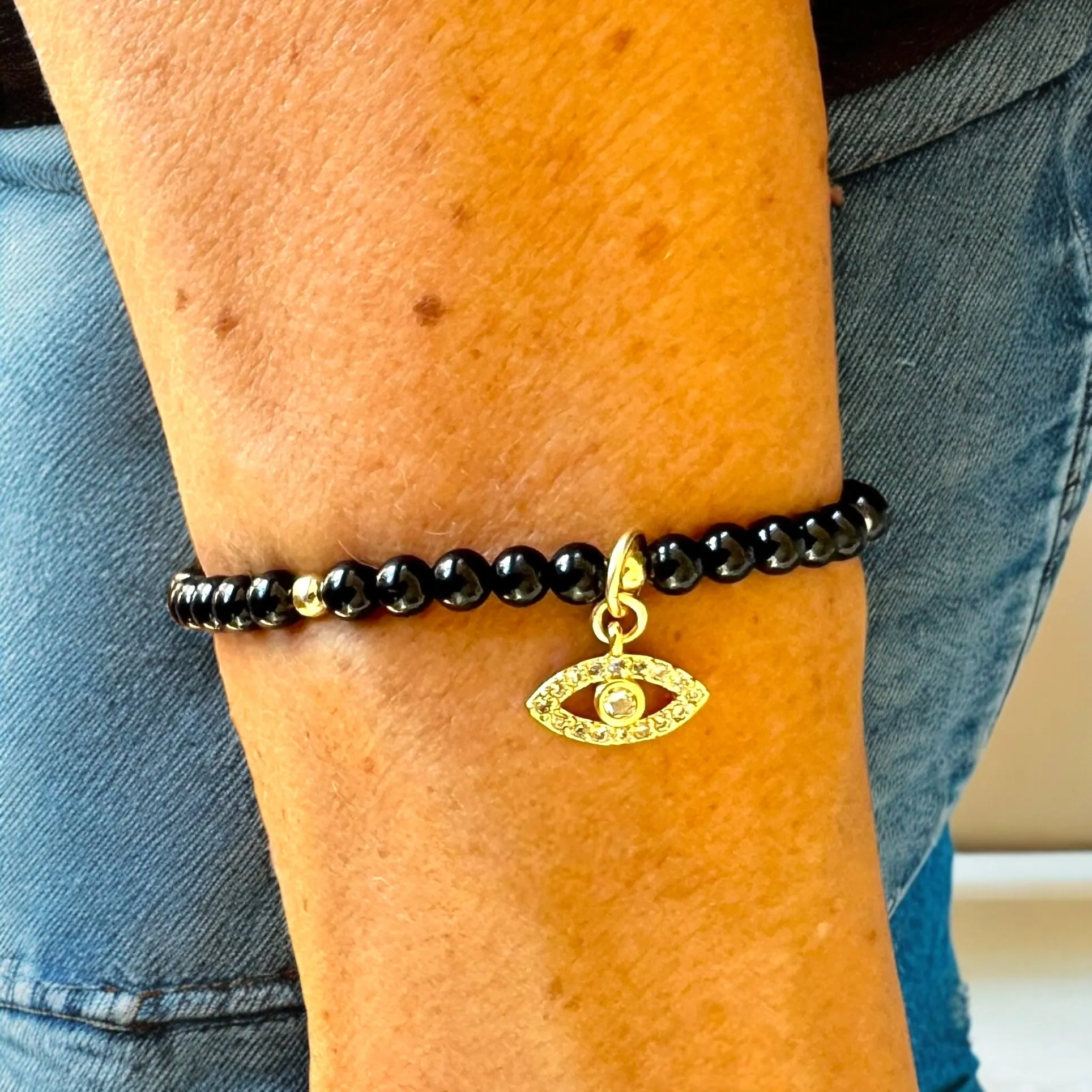 Cubic Zirconias Evil Eye Charm 4mm Onyx Stone Bracelet