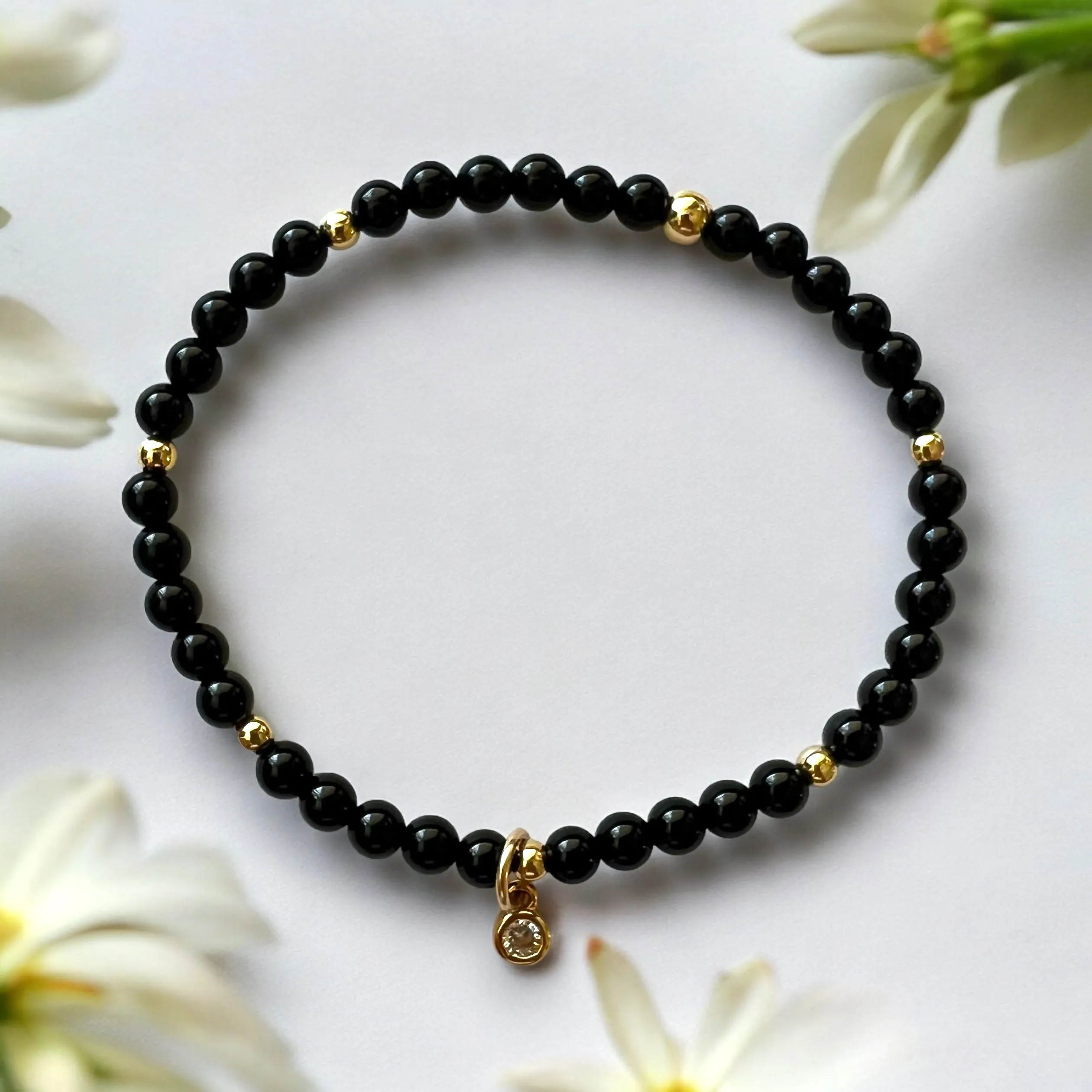 Dainty Cubic Zirconia Charm 4mm Onyx Stone Bracelet