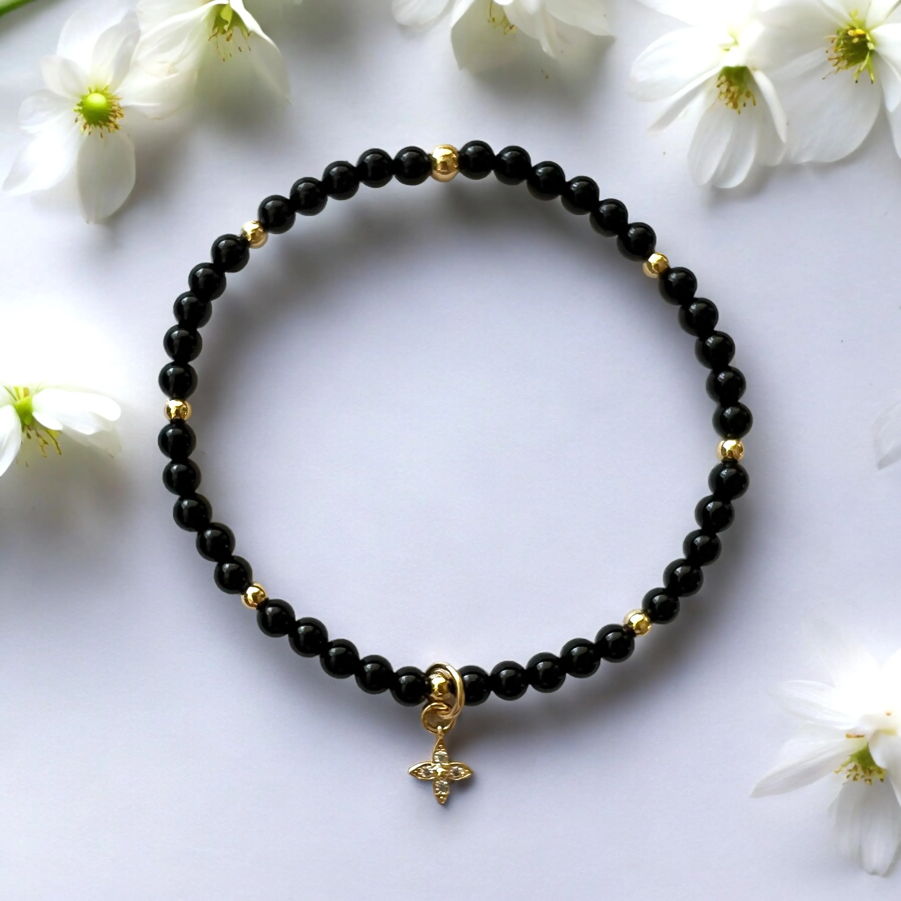 Dainty Flower Charm 4mm Onyx Stone Bracelet