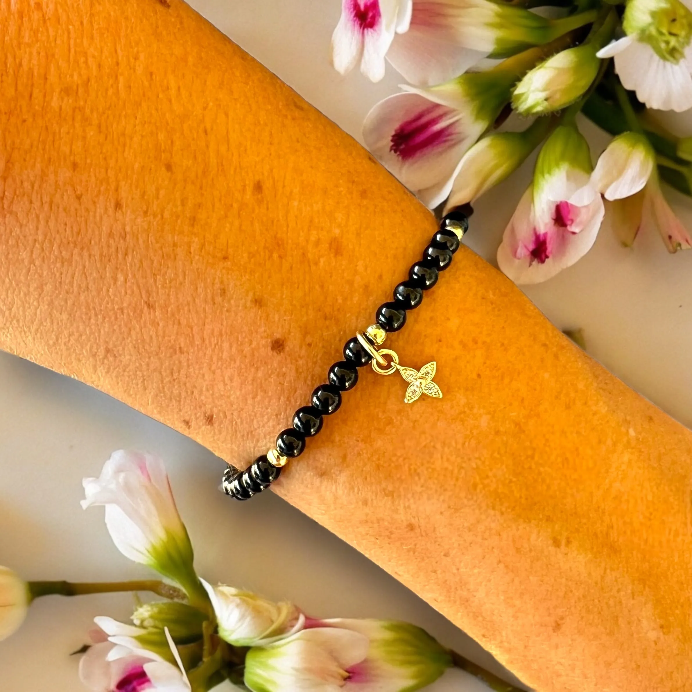 Dainty Flower Charm 4mm Onyx Stone Bracelet