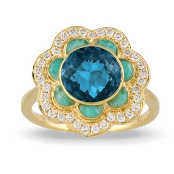 Doves 18 Karat Yellow Gold London Blue Topaz and Amazonite Floral Ring R8974AZLBT