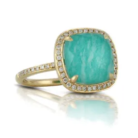 Doves 18K Yellow Gold Diamond Ring with White Topaz Over Amazonite