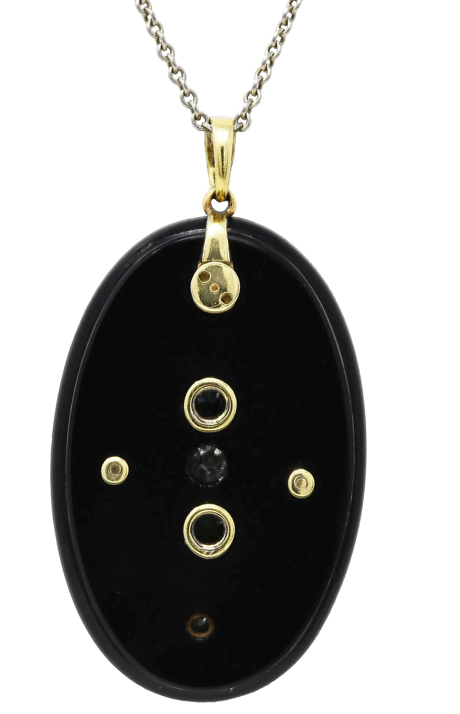 Edwardian Diamond Onyx Platinum-Topped 18 Karat Yellow Gold Antique Pendant Necklace