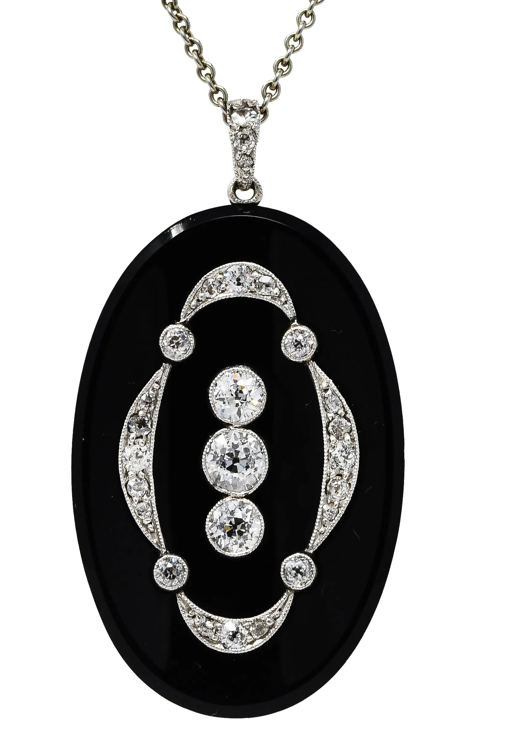 Edwardian Diamond Onyx Platinum-Topped 18 Karat Yellow Gold Antique Pendant Necklace