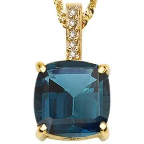 ELEGANT 4.98 CT LONDON BLUE TOPAZ & 5 PCS WHITE DIAMOND 10K SOLID YELLOW GOLD PENDANT