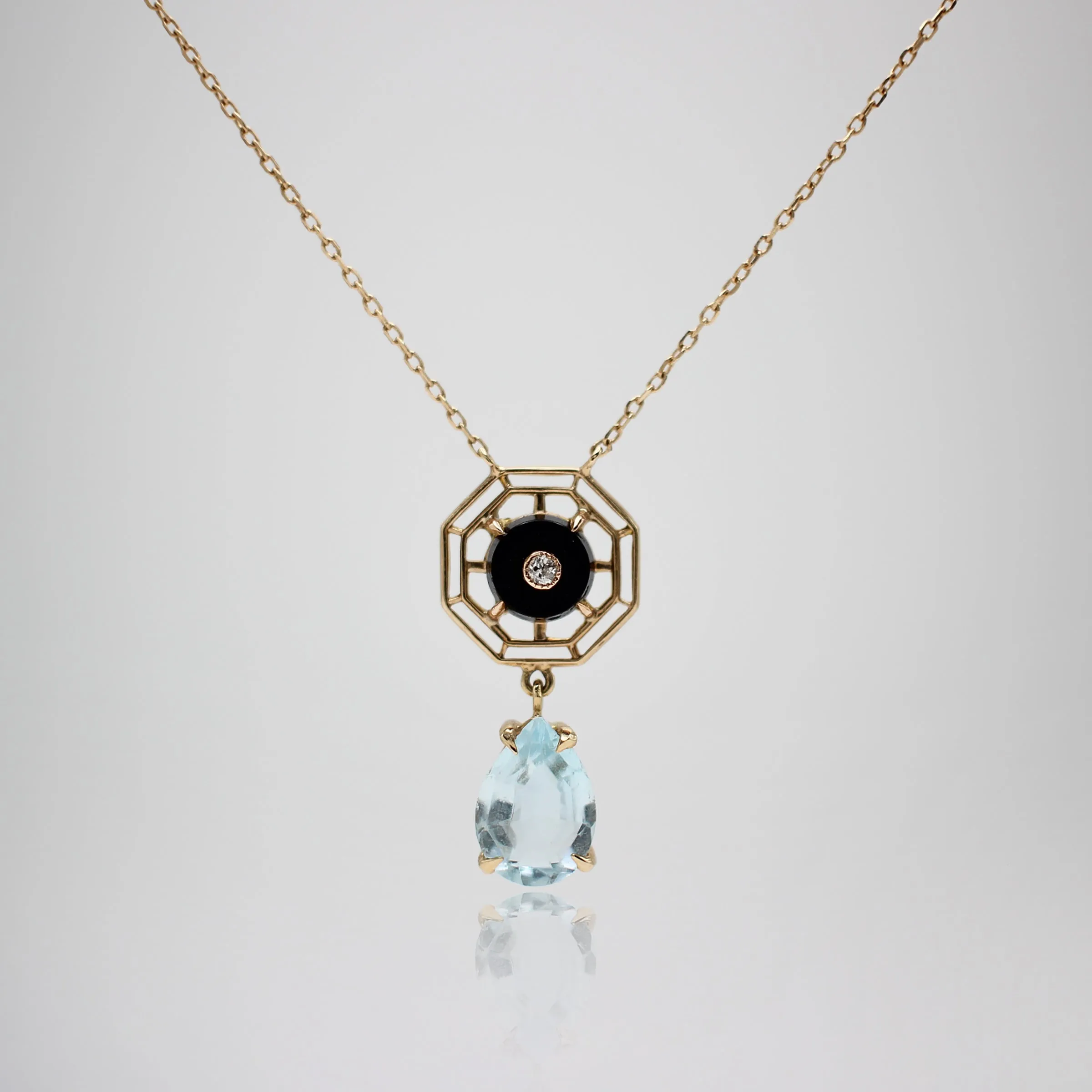 ELIZABETH Onyx Diamond & Aquamarine Droplet Pendant Necklace