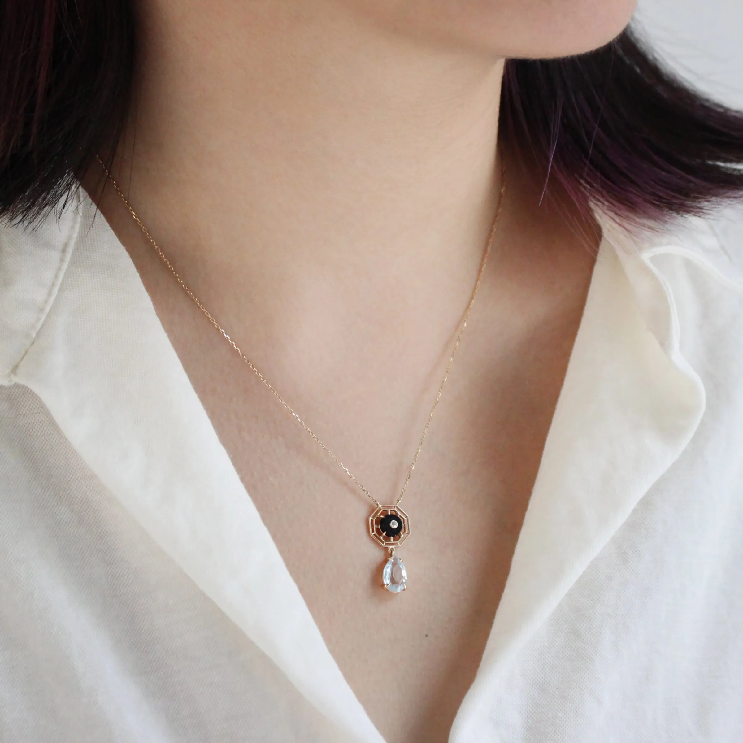 ELIZABETH Onyx Diamond & Aquamarine Droplet Pendant Necklace