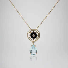 ELIZABETH Onyx Diamond & Aquamarine Droplet Pendant Necklace