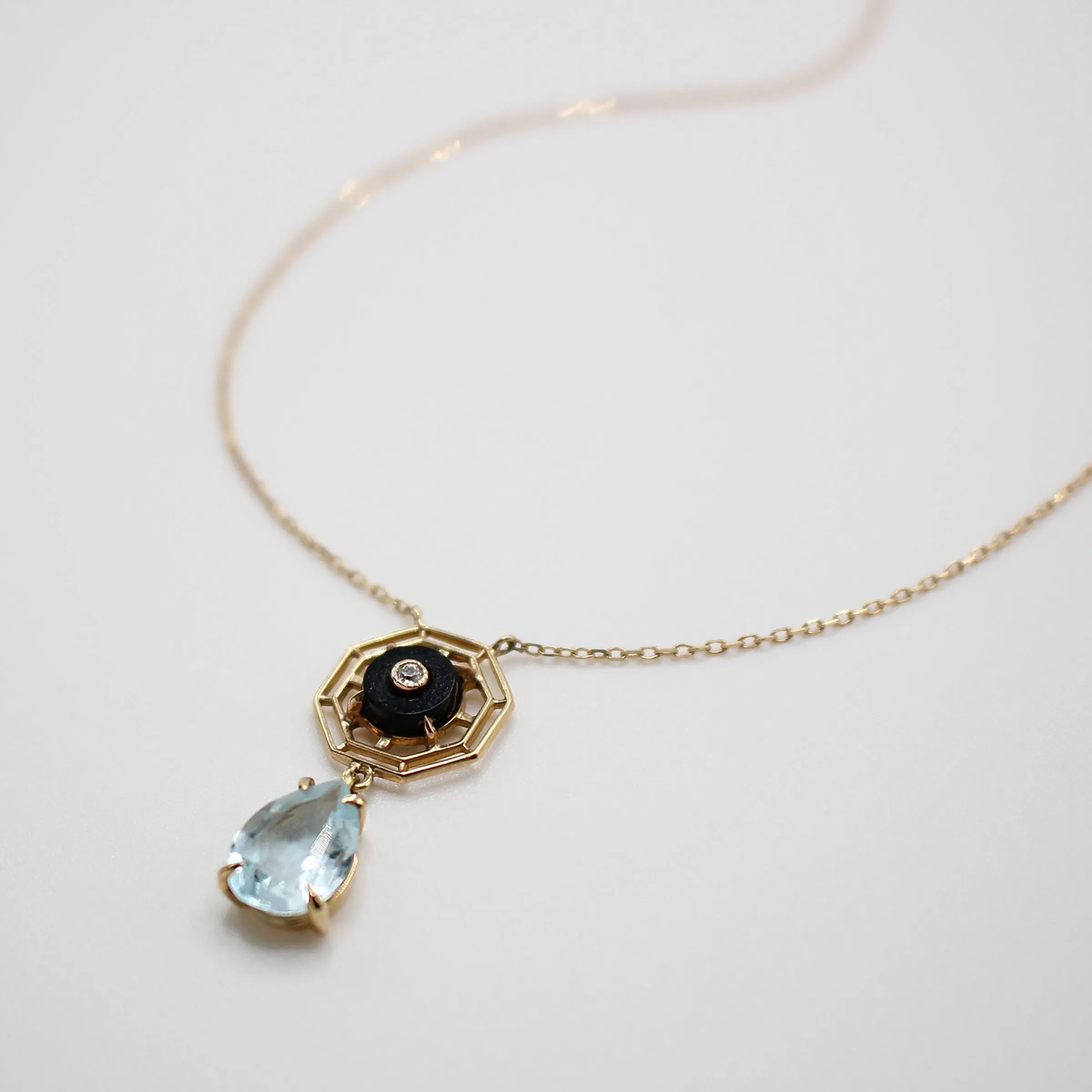 ELIZABETH Onyx Diamond & Aquamarine Droplet Pendant Necklace