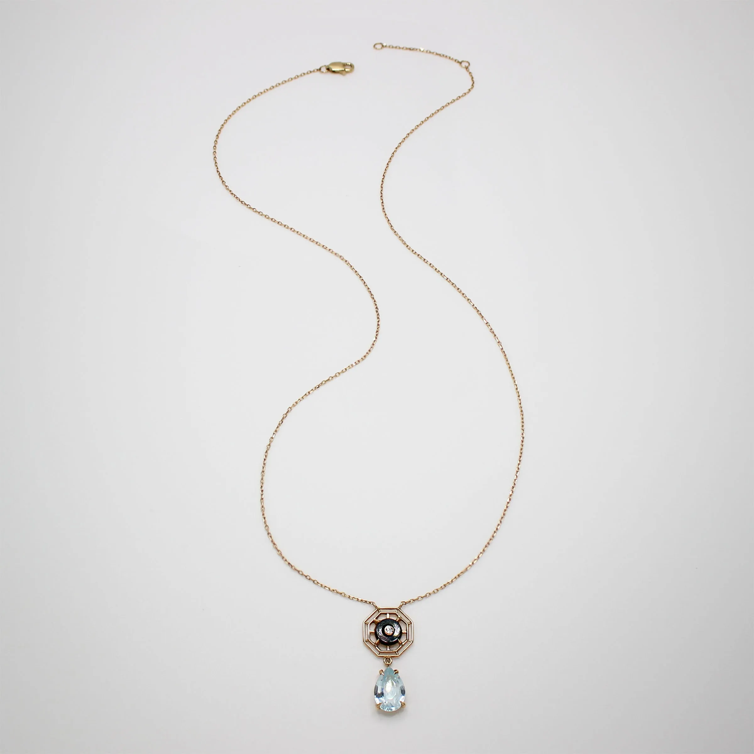 ELIZABETH Onyx Diamond & Aquamarine Droplet Pendant Necklace