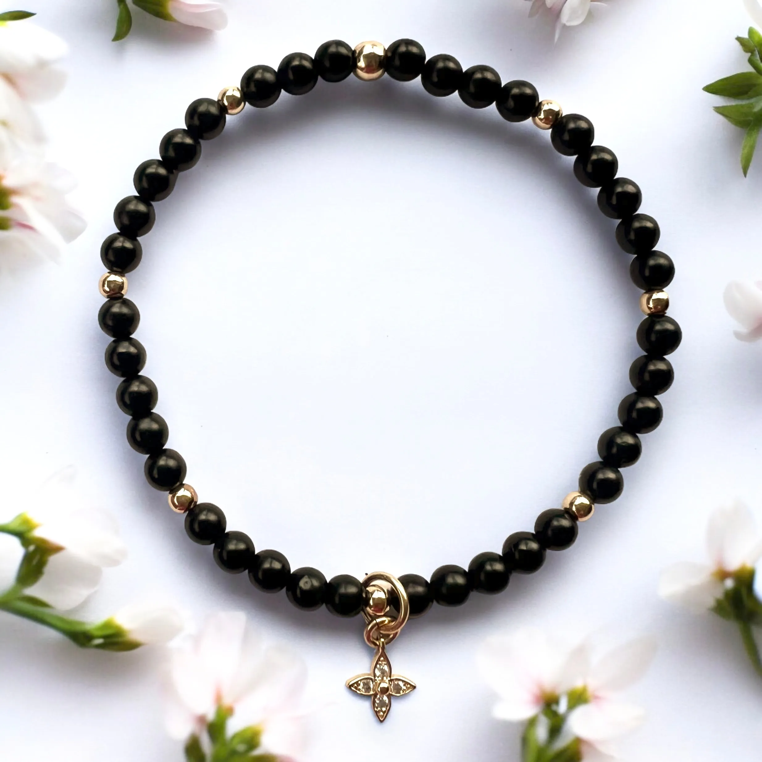 Flower Charm 4mm Onyx Matte Stone Bracelet