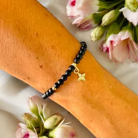 Flower Charm 4mm Onyx Matte Stone Bracelet