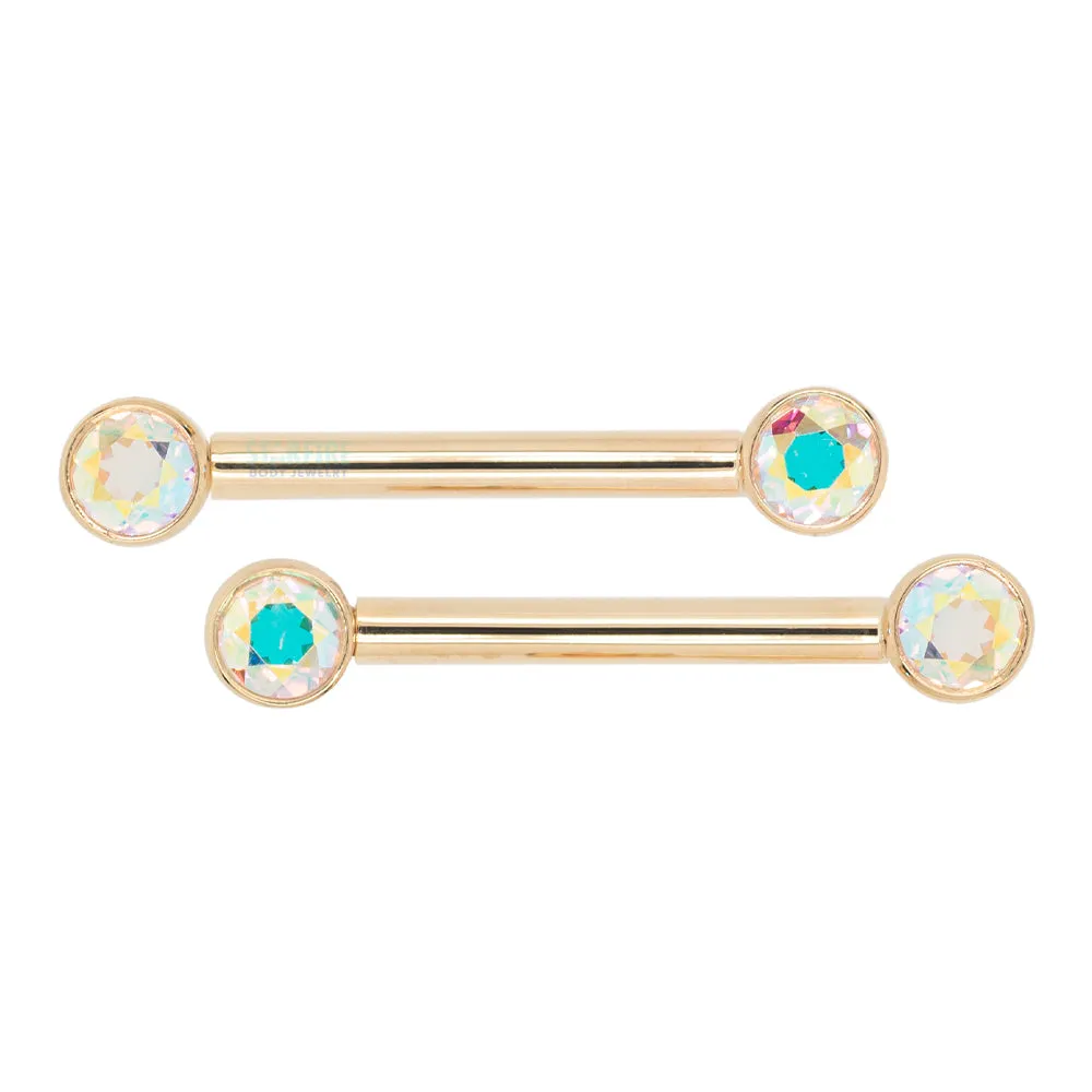 Forward Facing Nipple Barbells in Gold with Mercury Mist Topaz'