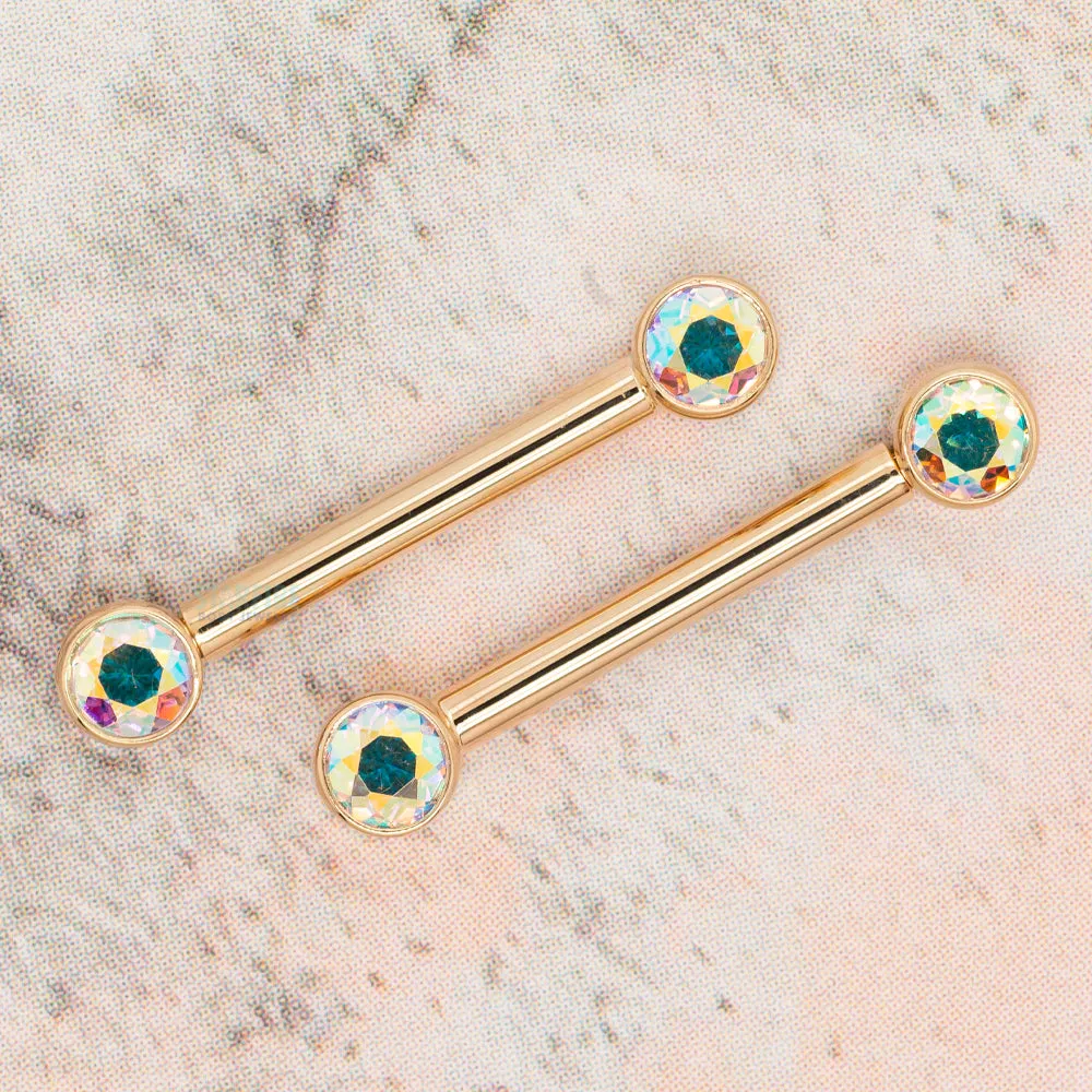 Forward Facing Nipple Barbells in Gold with Mercury Mist Topaz'