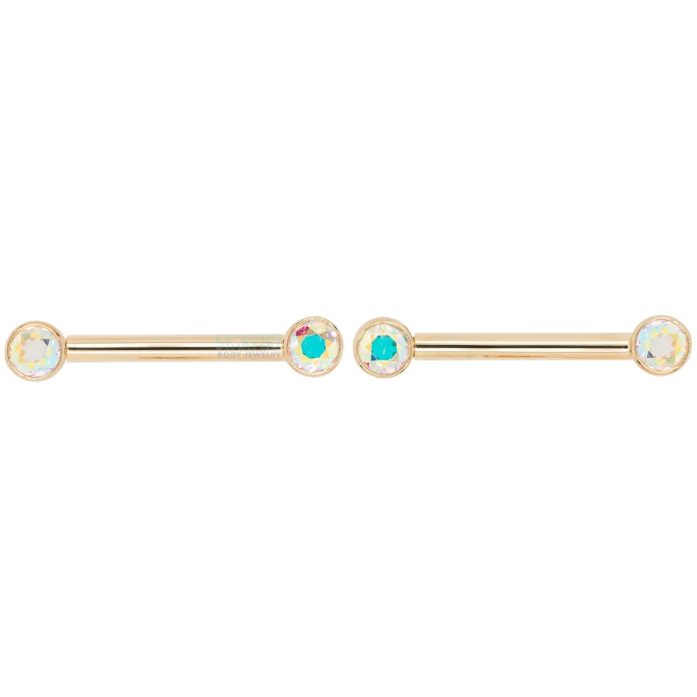 Forward Facing Nipple Barbells in Gold with Mercury Mist Topaz'